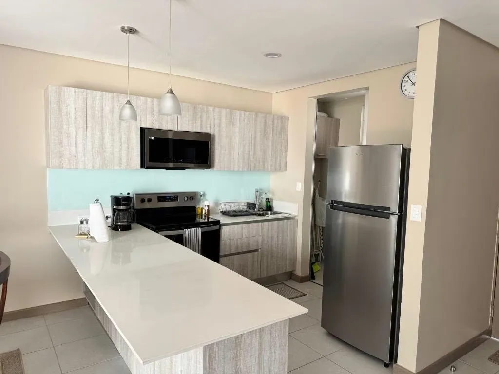 Sala, Comedor, Cocina completa, Torre de lavado, Medio baño, Aire Acondicionado de pared, Patio y tapia (decorado con deck y paneles verdes) y cuarto de pilas